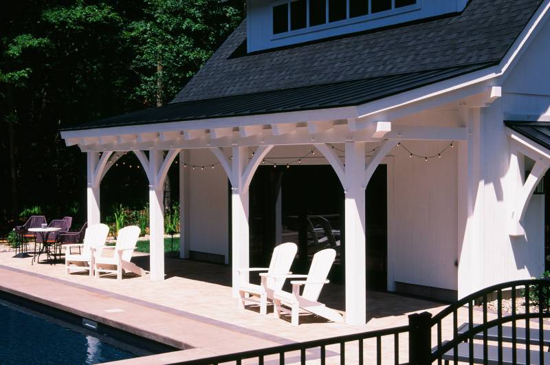 10' x 28' Open Timber Frame Porch Roof with Standing Seam Metal Roofing