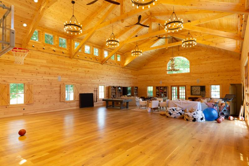 Family barn interior as viewed from the indoor basketball court