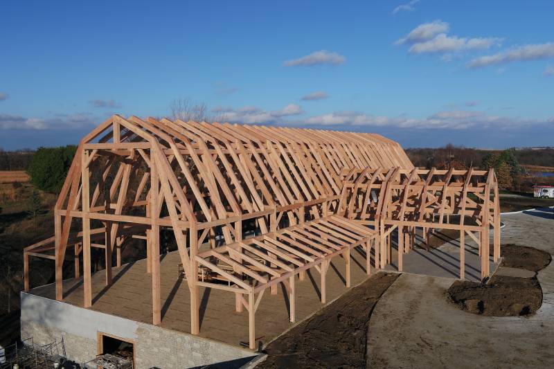 View of the completed timber frame from the air