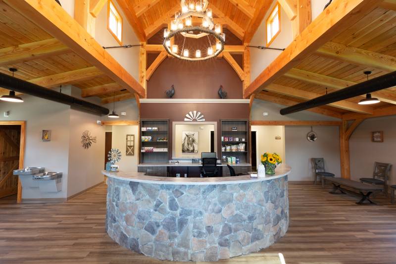 Reception Area with Timber Frame Monitor Barn Structure