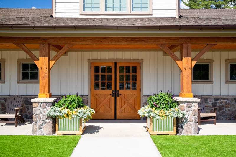 Timber Frame Porch with Spanish Cedar Front Entry Doors with Half Glass & Crossbucks