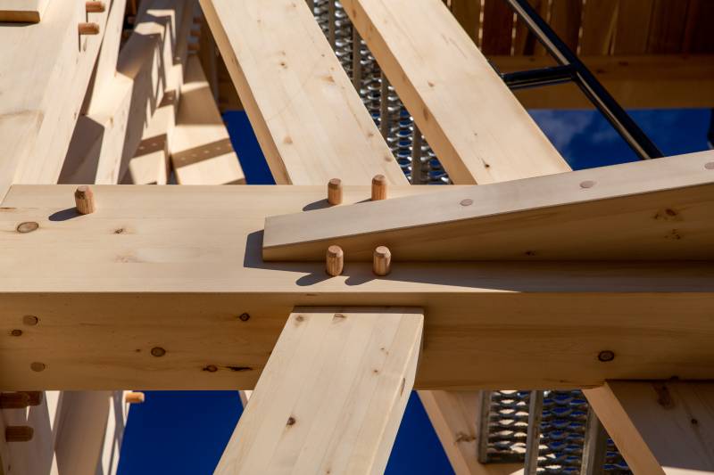 Oak Pegs & Steep Braces in the Timber Frame Tower