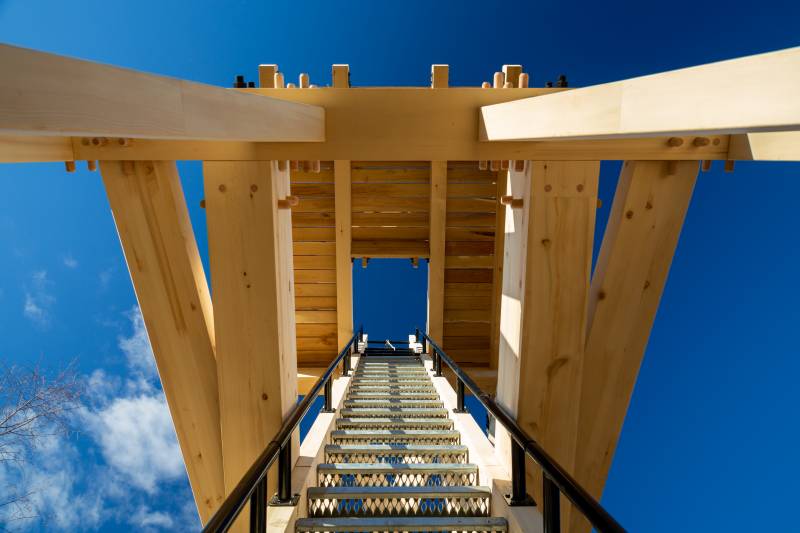 Looking Up the 30-Step Ladder to the Viewing Platform in the Timber Frame Tower