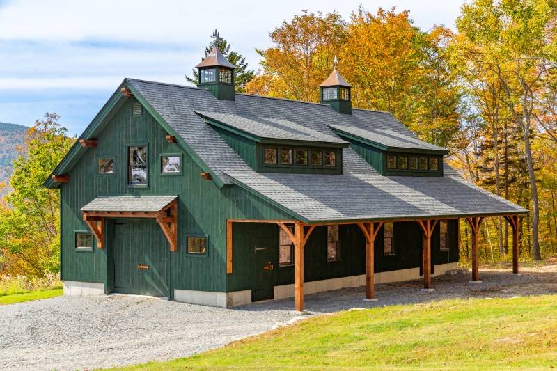 Post and Beam Barn with Two 16' Transom Dormers and Two 42" Carlisle Cupolas